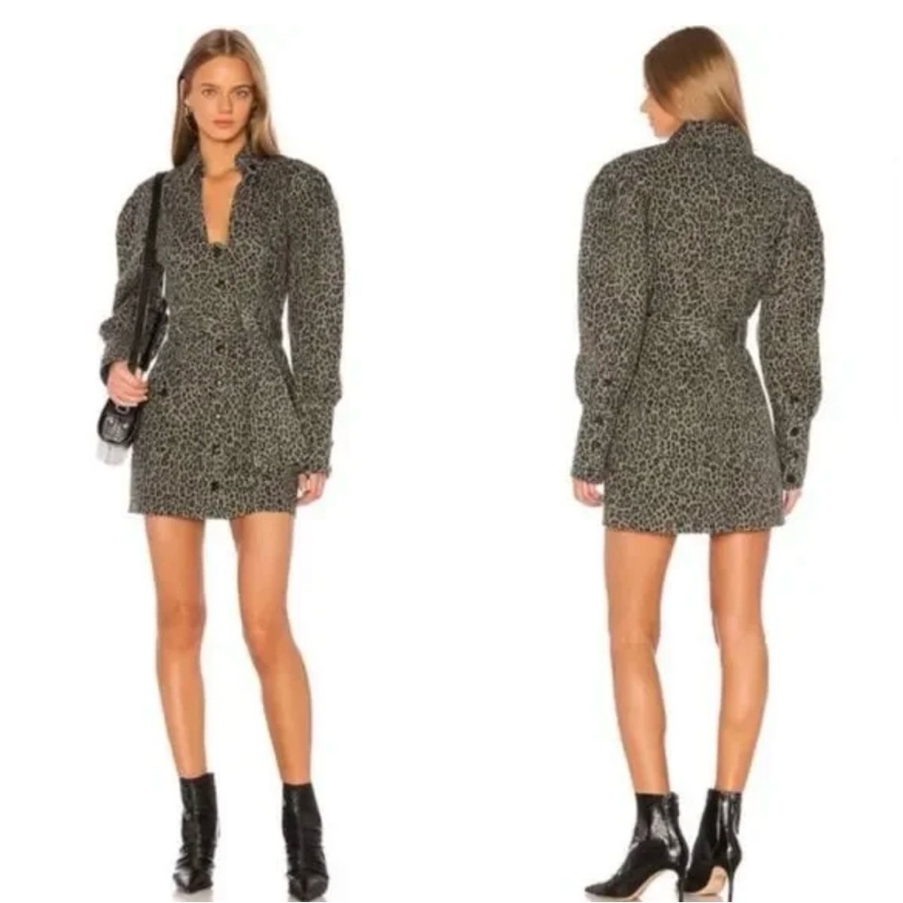 Marissa Webb Military Green Leopard Print Long Sleeve Canvas Mini Dress Size 12